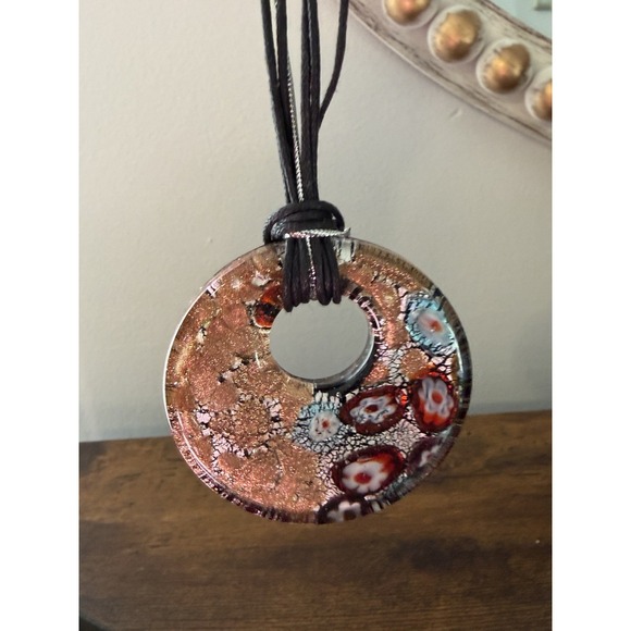 The Unbranded Brand Jewelry - Italian Murano Style Millefiori Glass Pendant Gold Aventurine Necklace 2"